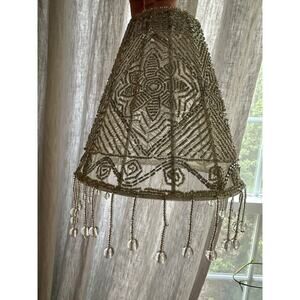 Beaded Lamp Shade Fringed gray small floral mesh 6x6x2.5” Victorian